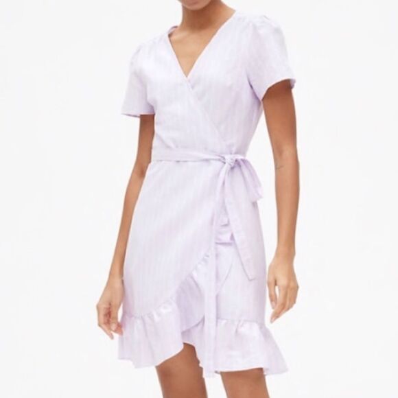Gap Linen Cotton Stripe Ruffle Wrap Dress Purple White Small TALL - Picture 1 of 16